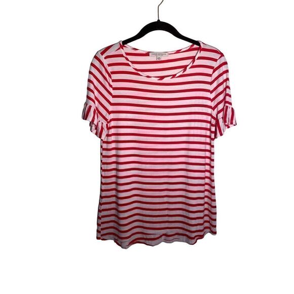 Green envelope red &white striped ruffle sleeve top/Christmas/holiday/size XS - Picture 2 of 4